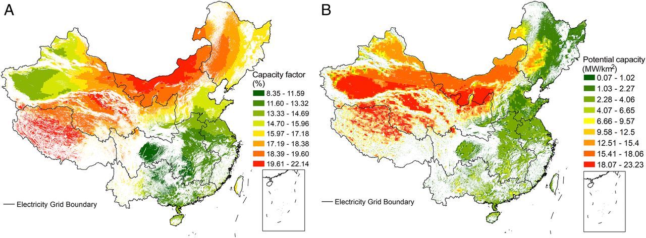 20211012-kaiyun开云官方网站环境学院、碳中和研究院、哈佛大学等联合团队系统解析我国太阳能发电平价路径与并网潜力-鲁玺-图1 光伏发电容量因子(A)及装机潜力(B)分布.jpg